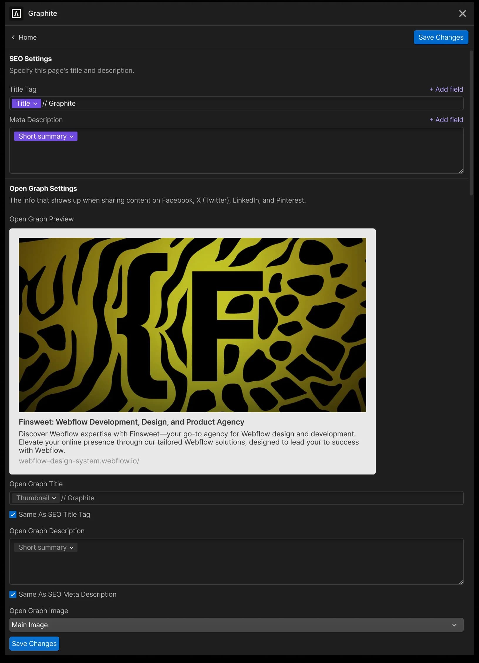 Graphite’s bulk editor in the Webflow Designer, with CMS fields in the title and description and an Open Graph preview