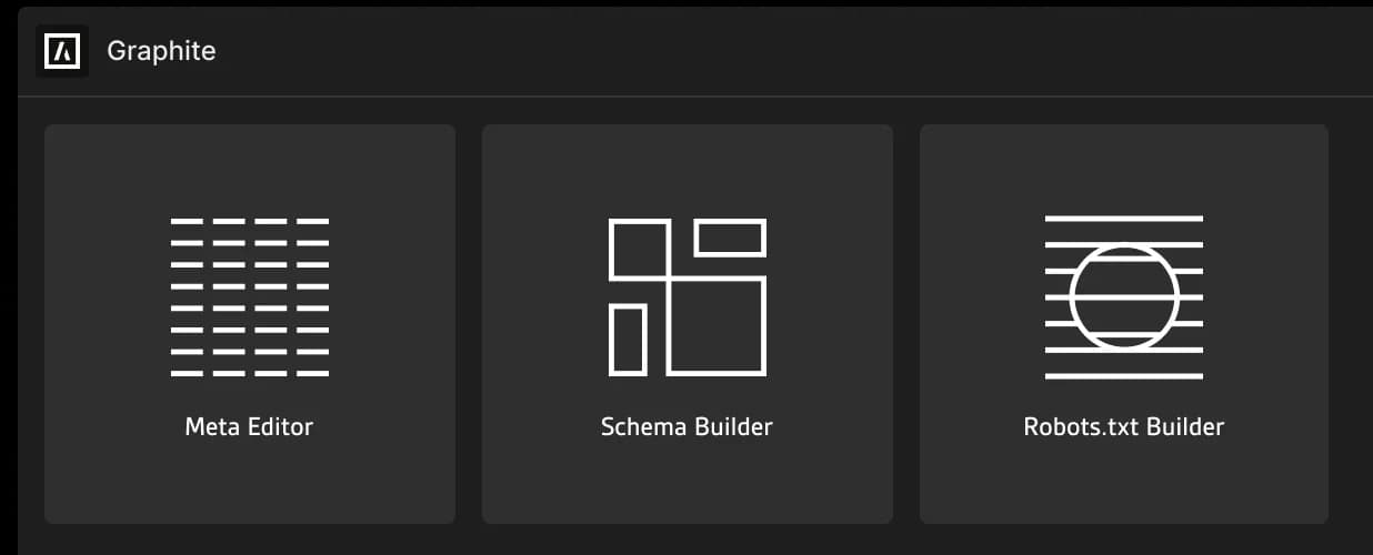 Graphite in the Webflow Designer, with its Meta Editor, Schema Builder, and Robots.txt Builder