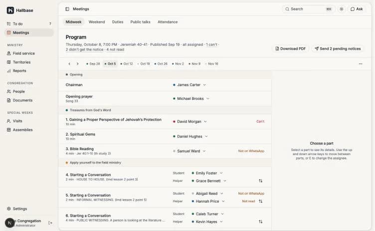 The Hallbase console’s meeting program, with each part’s assignee and reply status