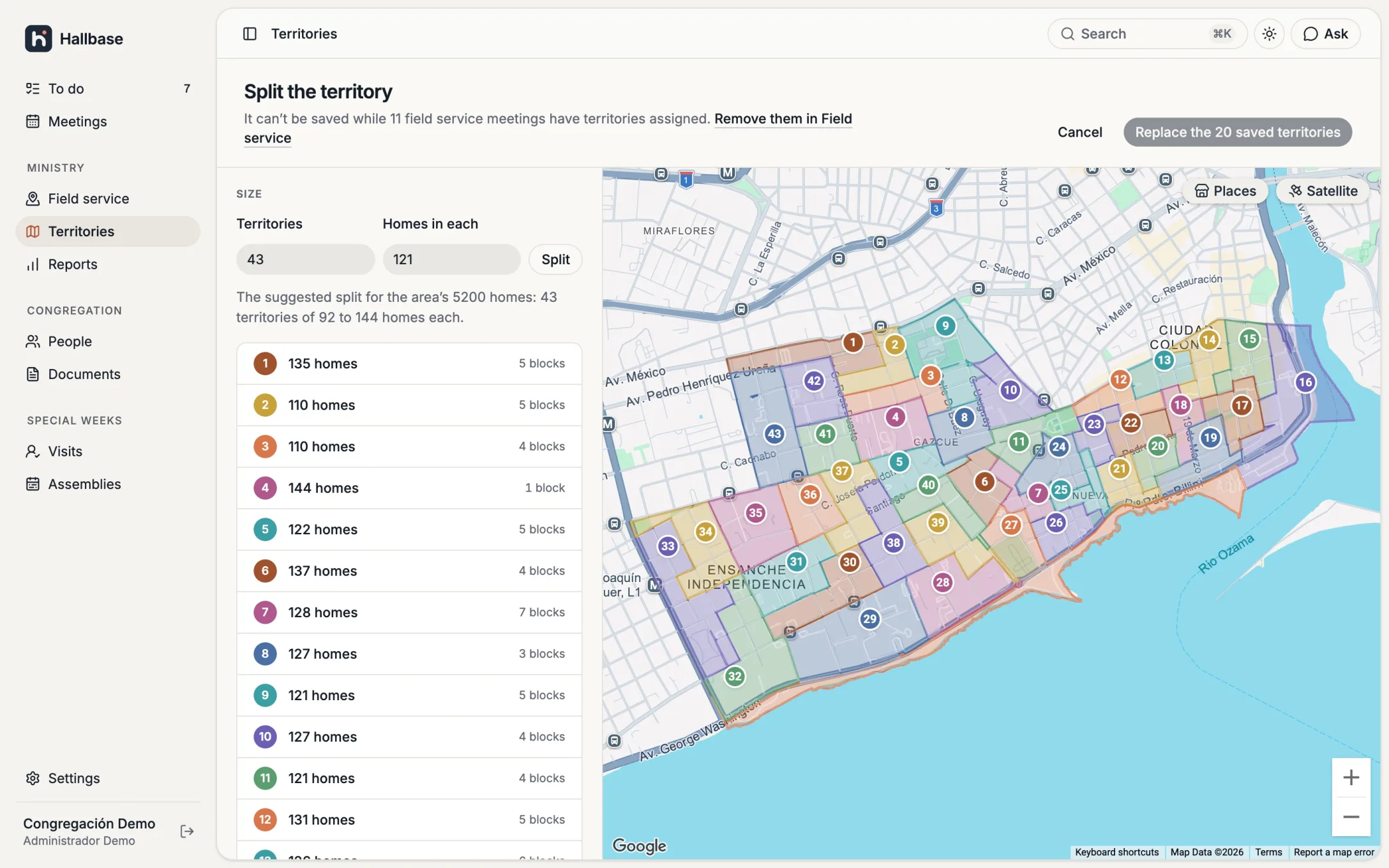 The Hallbase console splitting a congregation’s area into numbered territories on a map