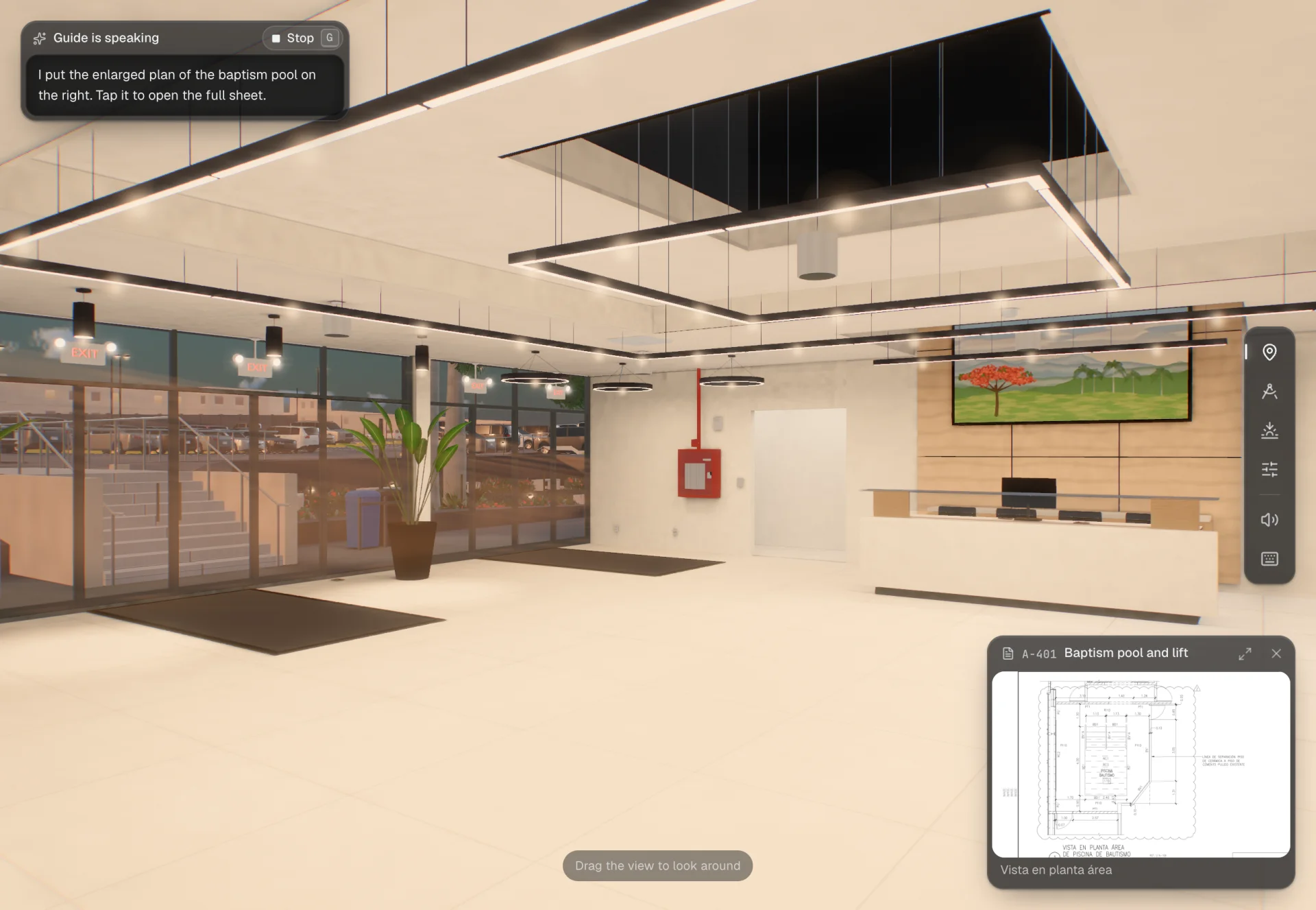 The SASD lobby in the walkthrough, with the voice guide’s caption and a plan open beside the view